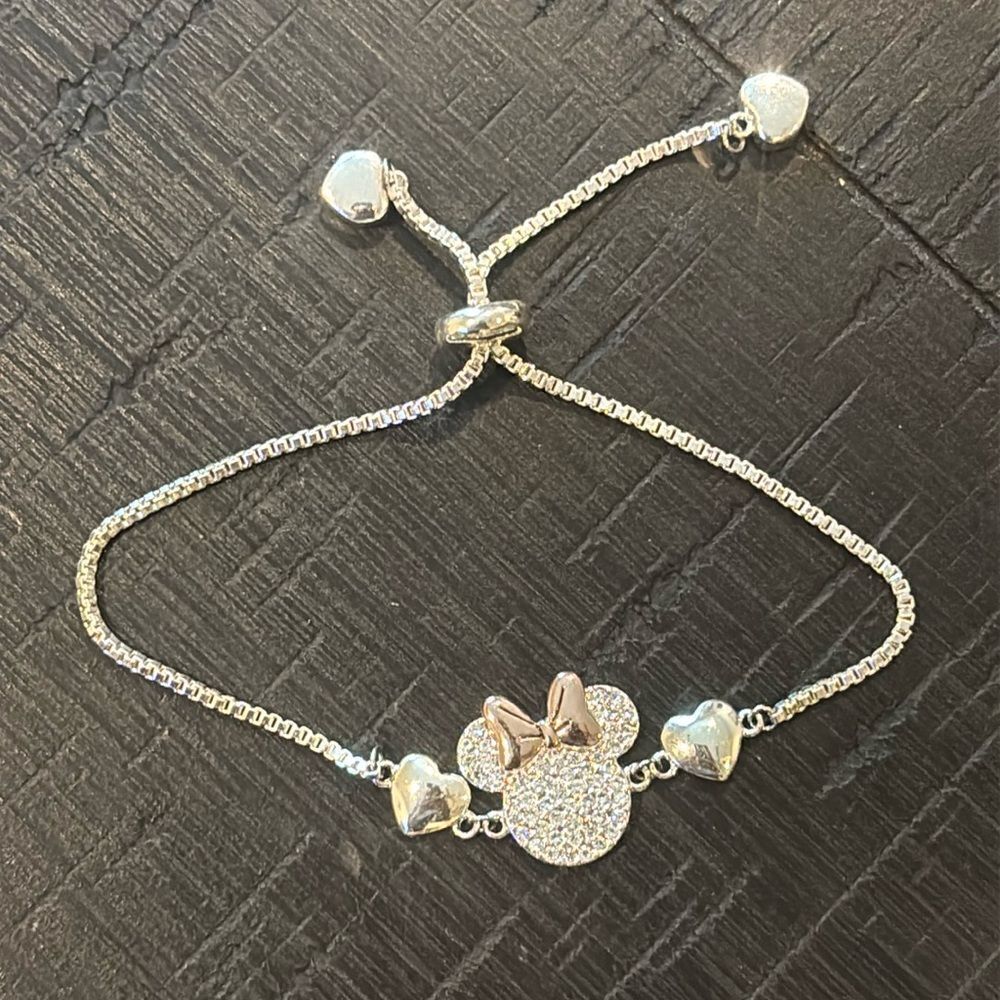 DISNEY FINE SILVER PLATED MINNIE MOUSE HEARTS LOVE ADJUSTABLE SLIDE BRACELET